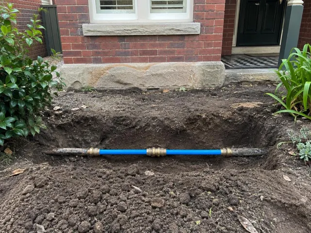 Exposed repaired water pipe in a dirt trench beside a brick house in Kirribilli