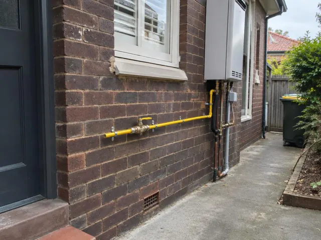 Yellow gas pipe and fittings mounted on a brick exterior wall beside a window in North Sydney